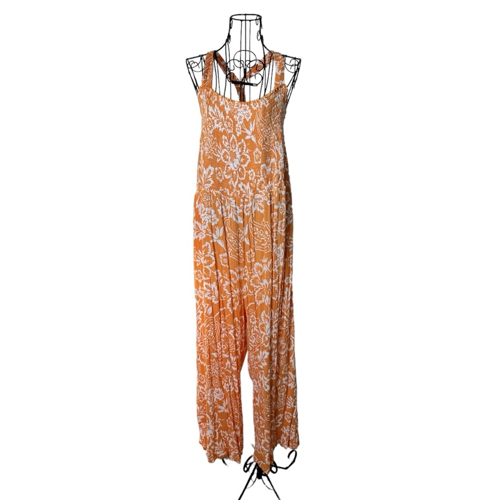 NWOT LOFT Orange & White Smocked Top Cropped Leg Jumpsuit Size XXL